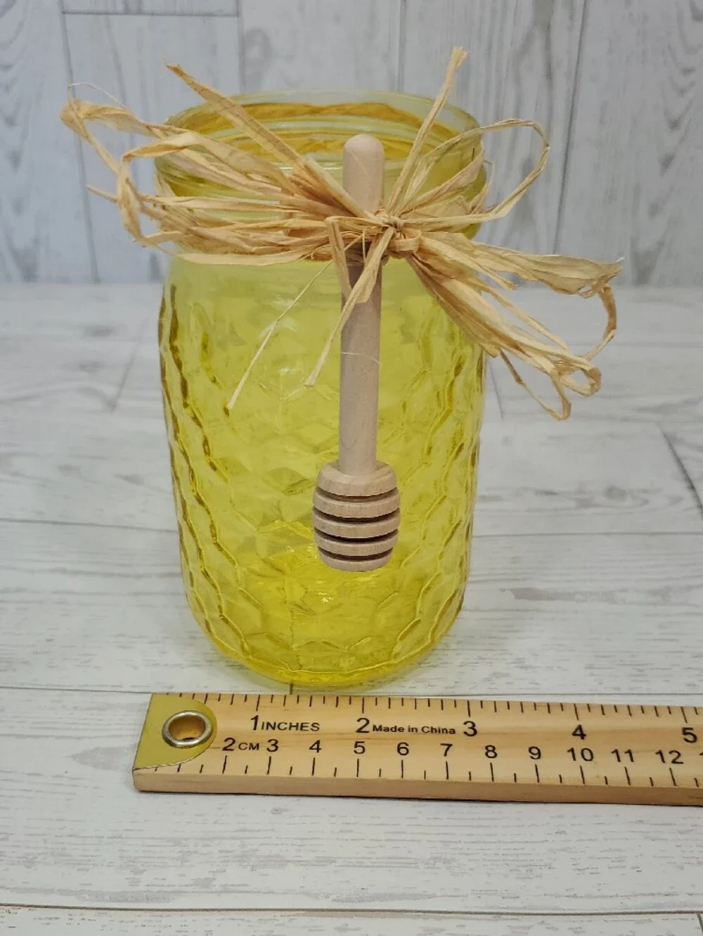 Honeycomb Pattern Decorative Glass Vase Jar with Wooden Honey Dipper Accent